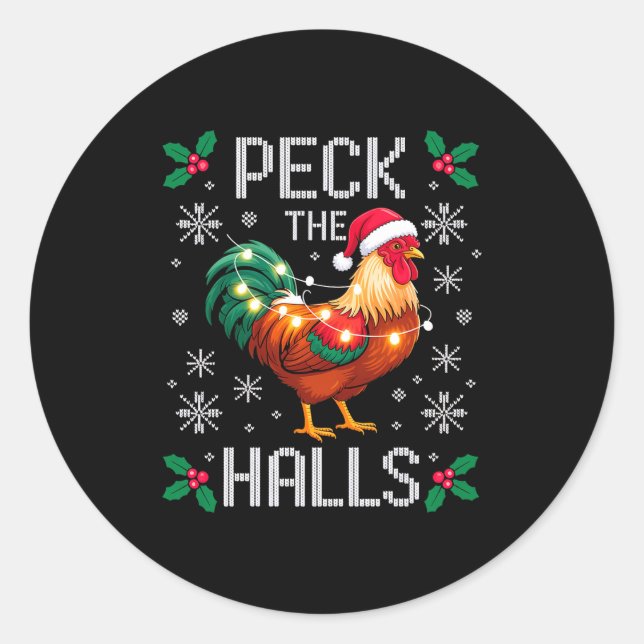 Peck The Halls Chicken Christmas Lights Snowflakes Runder Aufkleber (Vorderseite)
