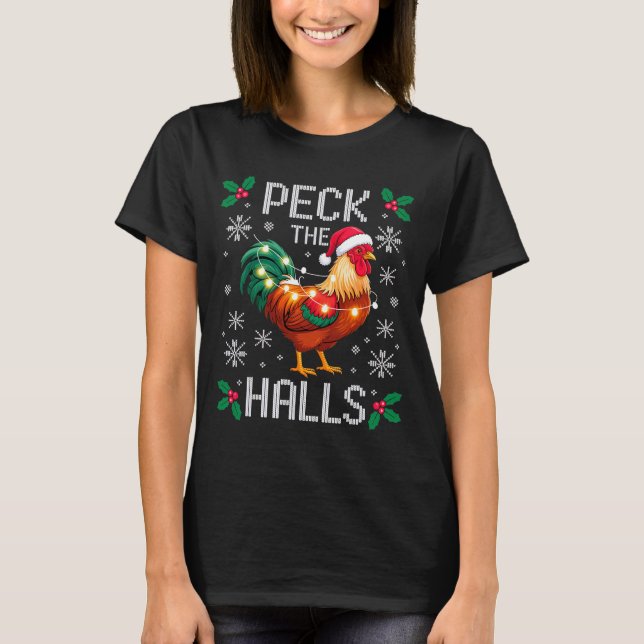 Peck The Halls Chicken Christmas Lights Snowflakes T-Shirt (Vorderseite)