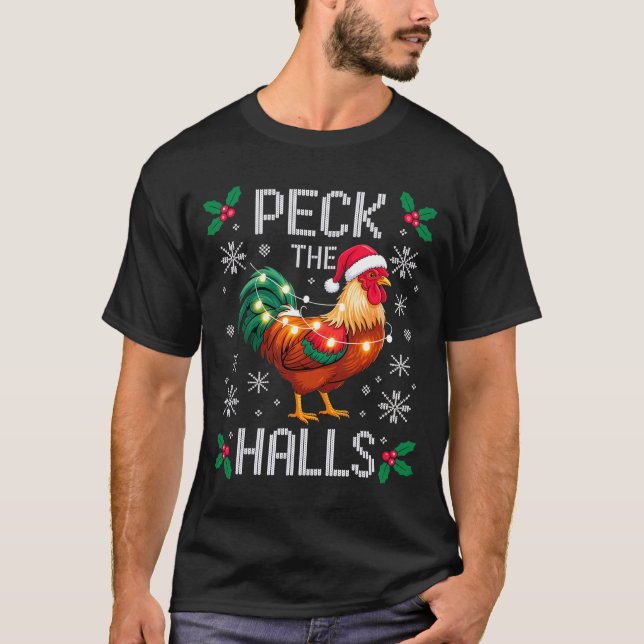 Peck The Halls Chicken Christmas Lights Snowflakes T-Shirt (Vorderseite)