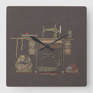 Pedal-Nähmaschine u. Kätzchen Quadratische Wanduhr