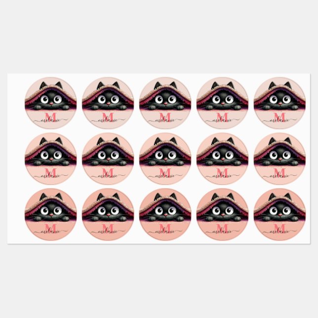Peek-a-Boo Kätzchen Skript Name Monogram Mädchen'  Etiketten (Blatt)