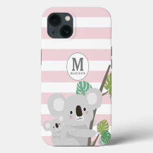 Peek-a-Boo Koala Mama und Baby Streifen Monogramm iPhone 13 Hülle