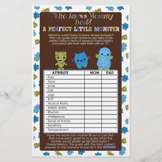PeekaBoo Monsters Baby Shower Game Perfect Baby (Vorderseite)