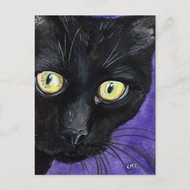 Peekaboo | Schwarze Katze Aquarellbilder Postkarte (Vorderseite)