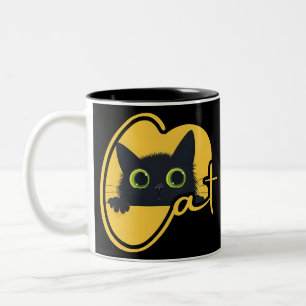 Peeking Black Cat: Big Green Eyes Feline Design Zweifarbige Tasse