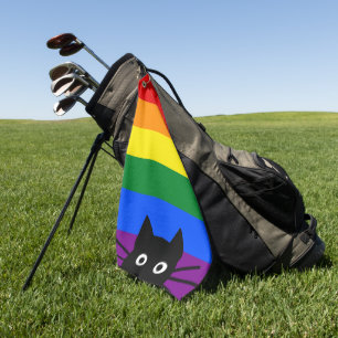 Peeking Black Cat Rainbow Flag Golfhandtuch