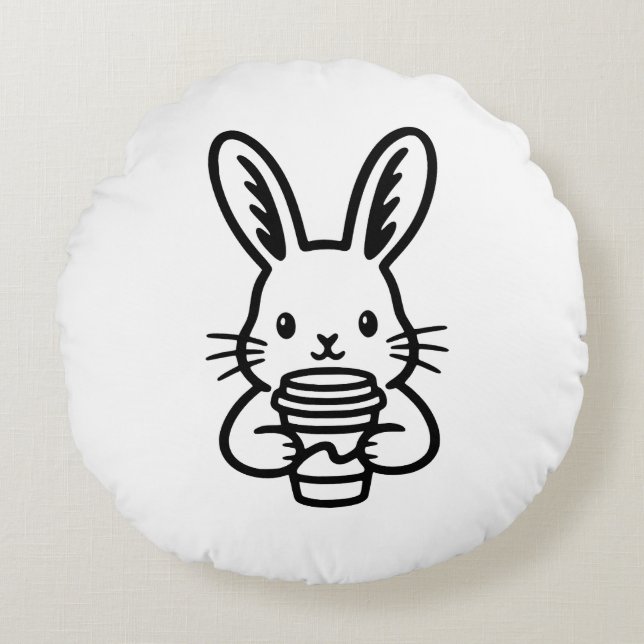 Peeking Bunny with Coffee Cup Rundes Kissen (Vorderseite)