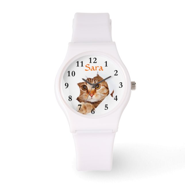 Peeking Cat auf Sporty White Silicon Wrist Watch Armbanduhr (Vorderseite)