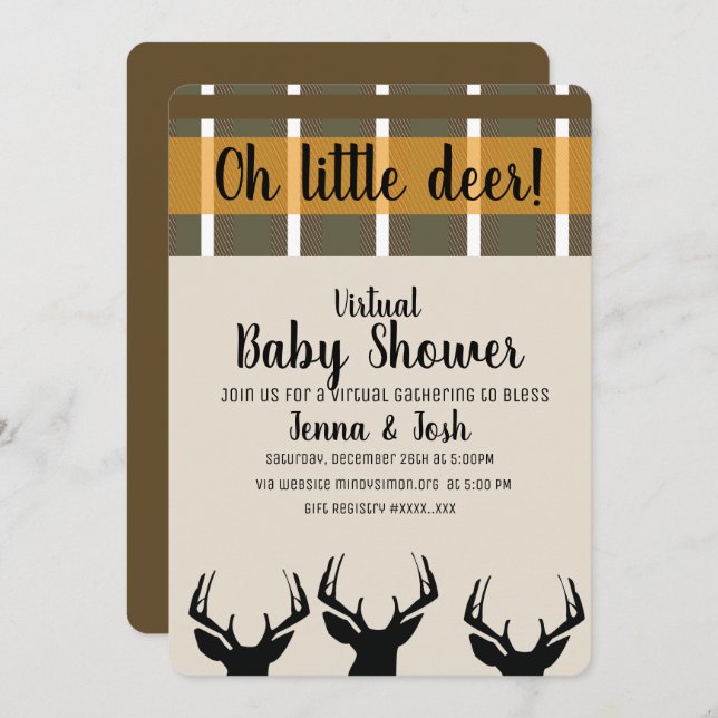 Peeking Deer Antlers Kariert Virtual Baby Shower Einladung (Vorne/Hinten)