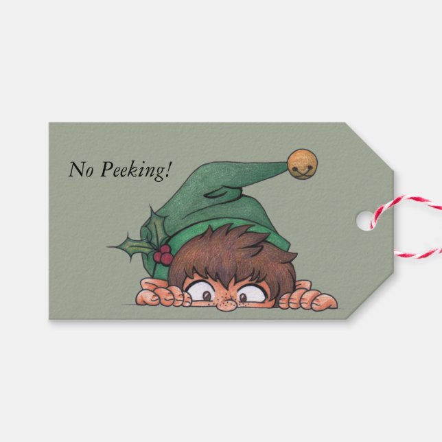 Peeking Elf Geschenkanhänger (Vorderseite (Horizontal))