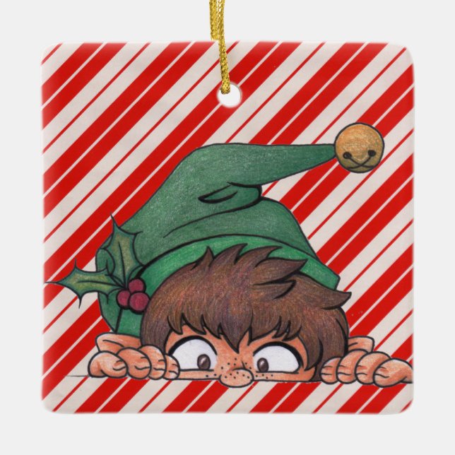 Peeking Elf Weihnachten Keramikornament (Vorderseite)