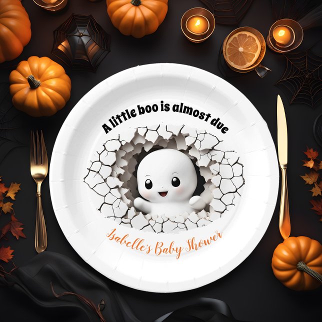 Peeking Little Boo Baby Shower Paper Teller (Peeking baby ghost Halloween baby Shower Paper Plates, A little boo is almost due, orange text)