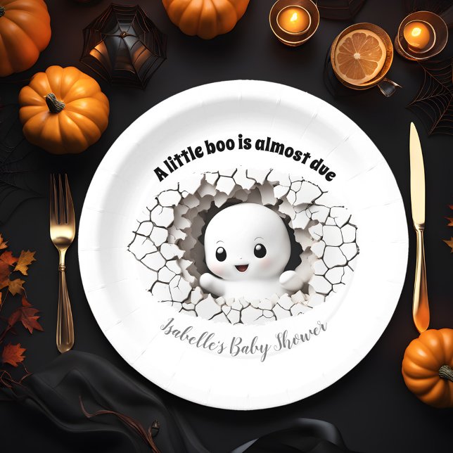 Peeking Little Boo Ghost Baby Duschpapier Teller (Peeking baby ghost Halloween baby Shower Paper Plates, A little boo is almost due)