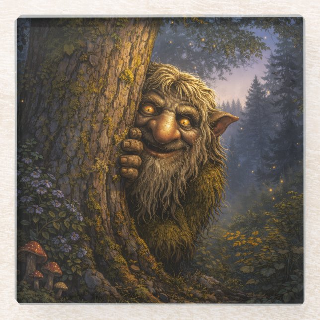 Peeking Norwegian Troll, Glass Coaster Glasuntersetzer (Vorderseite)