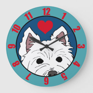 Peeking Westie with Heart (Reguläre Zahlen) Große Wanduhr