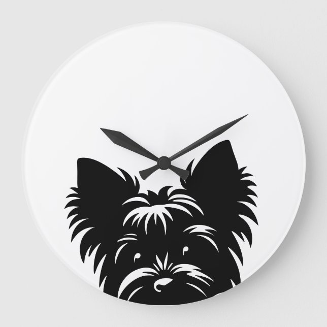 Peeking Yorkie Black and White Wall Clock Große Wanduhr (Vorderseite)
