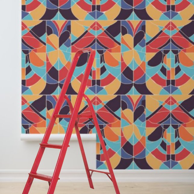 Peel Stick Artdeco Blaues Orange Geometrisches Mus Tapete (Peel Stick Artdeco Blue Orange Geometric Pattern Wallpaper)