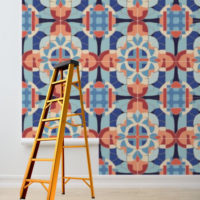 Peel Stick Blue Orange Geometric Tiles Muster Tapete (Peel Stick Blue Orange Geometric Tiles Pattern Wallpaper)