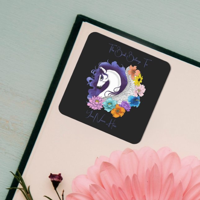 Pegasus Black Floral Exlibris  Quadratischer Aufkleber (Von Creator hochgeladen)
