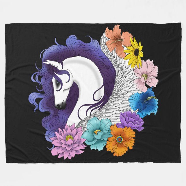 Pegasus Black Floral Fleecedecke (Vorderseite (Horizontal))