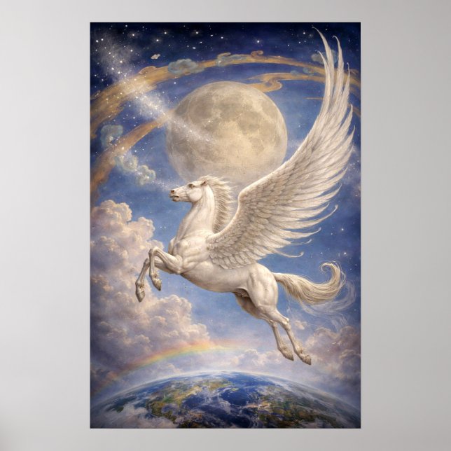 Pegasus Flying Between Earth And Moon Fantasy Art Poster (Vorne)