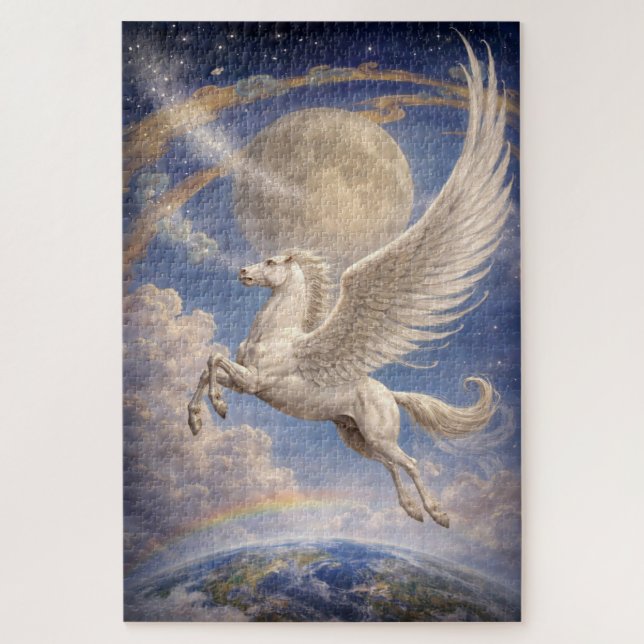 Pegasus Flying Between Earth And Moon Fantasy Art Puzzle (Vertikal)