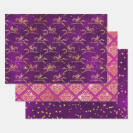 Pegasus & Gold Blumenmuster in Lila & Rosa Geschenkpapier Set