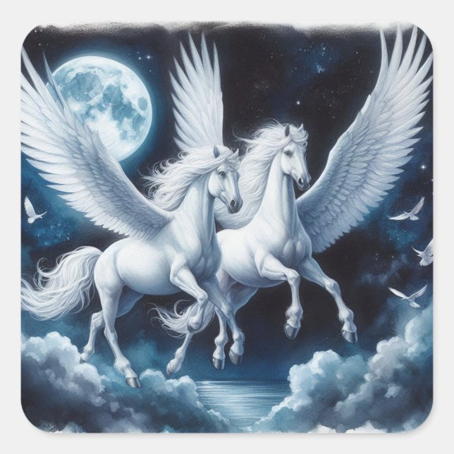Pegasus-Paar im Nachthimmelstickerblatt Quadratischer Aufkleber (Vorderseite)