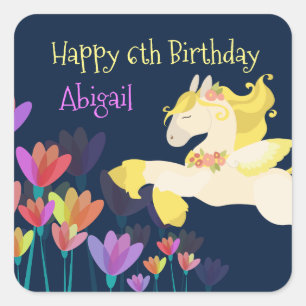 Pegasus und farbenfrohe Blume Fliegendes Pferd Geb Quadratischer Aufkleber