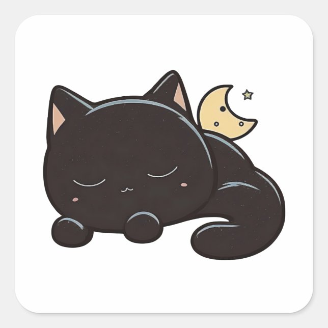 Pegatina con Gato Negro Dormido Kawaii Quadratischer Aufkleber (Vorderseite)