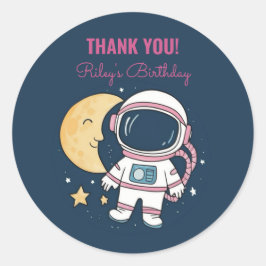 Pegatina Redonda Cumpleaños Astronauta Pink Blue Runder Aufkleber