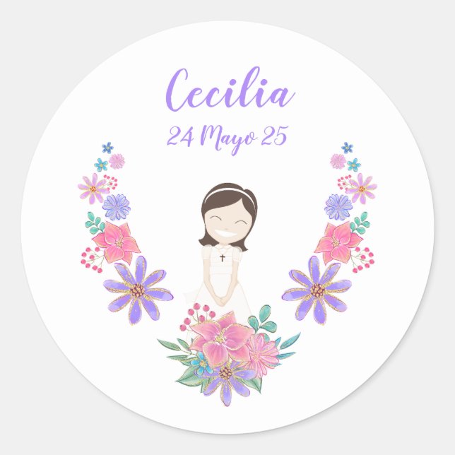 Pegatina redonda Primera Comunión CECILIA Runder Aufkleber (Vorderseite)