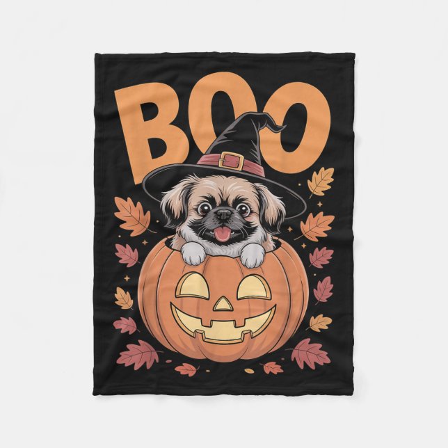 Peke Costume On Pumpkin Halloween Pekingese  Fleecedecke (Vorderseite)