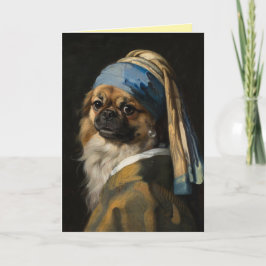 Pekinese mit einer Perlenohrring-Grußkarte Karte