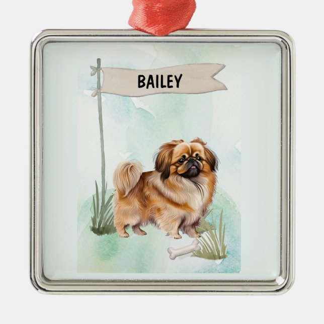 Pekinese Watercolor Personalized Dog Ornament Aus Metall (Vorne)