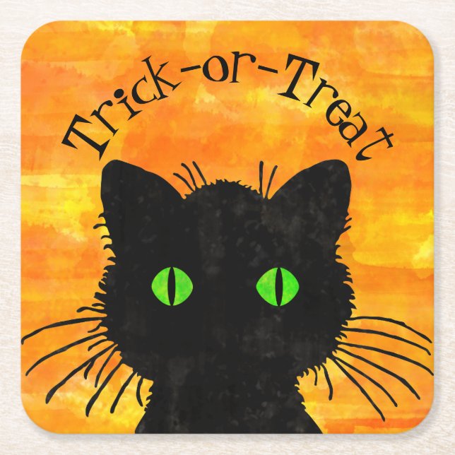 Peking Black Cat Halloween Wasserfarbendesign Rechteckiger Pappuntersetzer (Vorderseite)