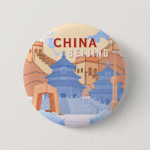 Peking China Reiseplakat Pastellblau & Pfirsich Button