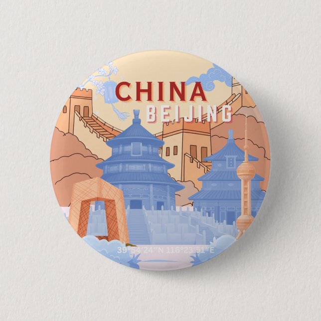 Peking China Reiseplakat | Pastellblau & Pfirsich Button (Vorderseite)