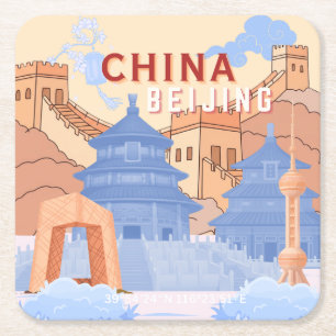 Peking China Reiseplakat   Pastellblau & Pfirsich Rechteckiger Pappuntersetzer