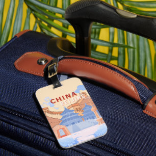 Peking China Reiseplakat Pastellblau und Pfirsic Gepäckanhänger