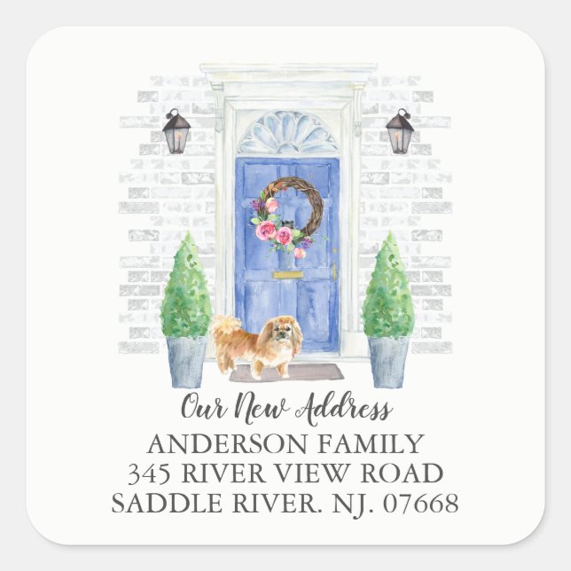 Pekingese Blue Dose New Address Label Quadratischer Aufkleber (Vorderseite)