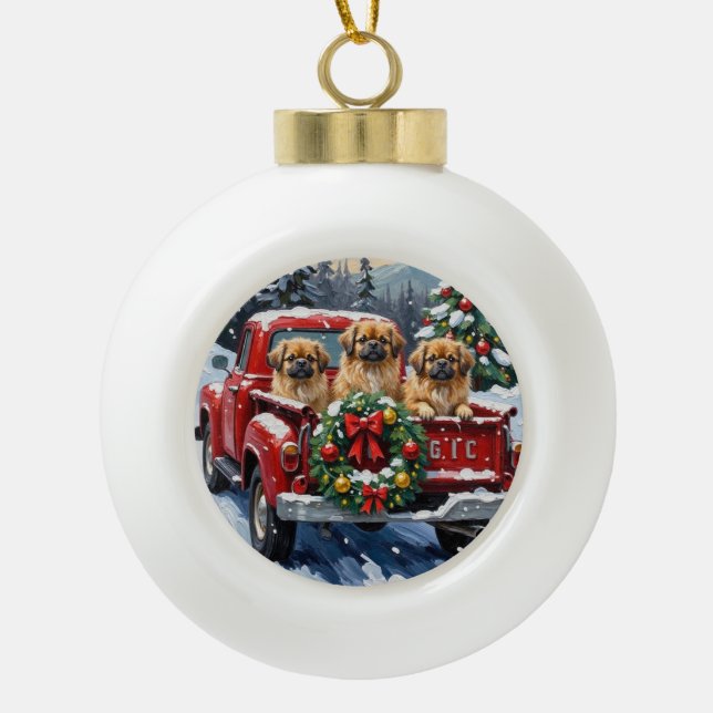 Pekingese Christmas Red Truck Holiday Keramik Kugel-Ornament (Vorderseite)