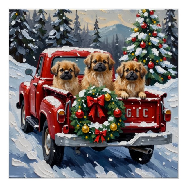 Pekingese Christmas Red Truck Holiday Poster (Vorderseite)