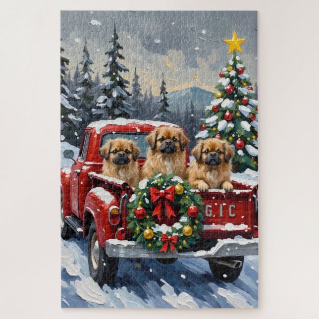 Pekingese Christmas Red Truck Holiday Puzzle (Vertikal)