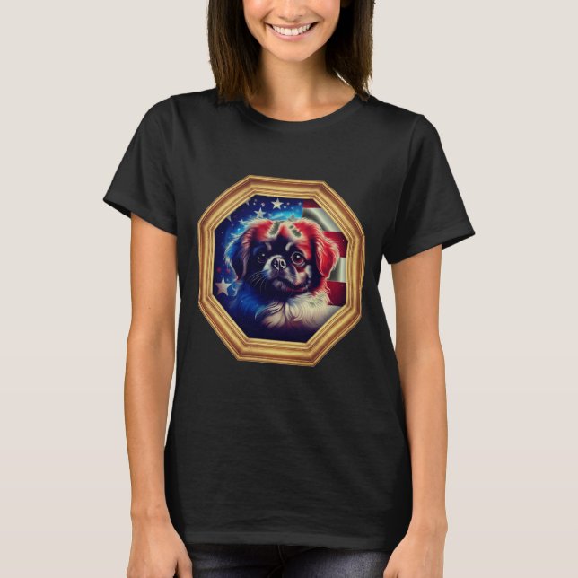 pekingese Dog American Flag Gold Frame T-Shirt (Vorderseite)