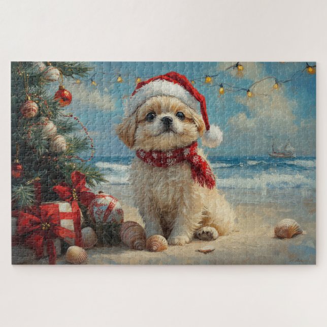 Pekingese Dog Christmas Vintag Beach Puzzle (Horizontal)