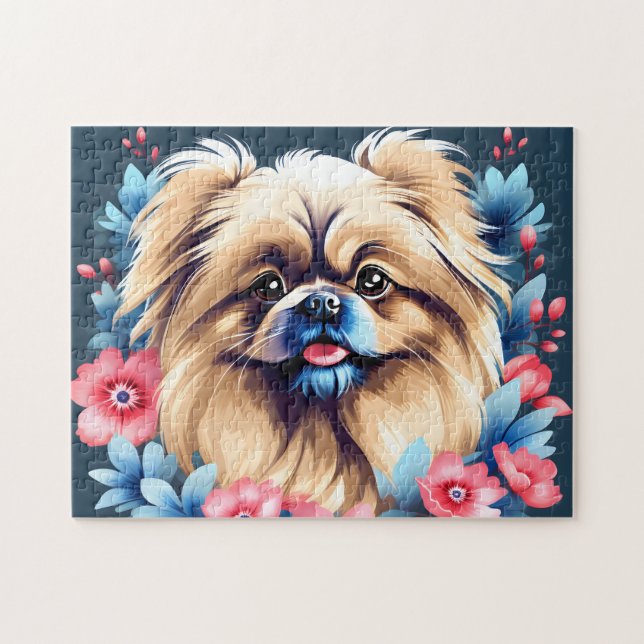 Pekingese Dog Floral Elegant Puzzle (Horizontal)