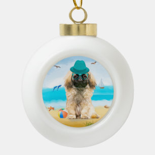 Pekingese Dog on Beach Keramik Kugel-Ornament