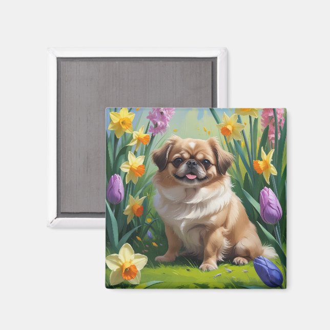 Pekingese Dog Spring Blumen Malerei Magnet (Vorderseite/Rückseite)