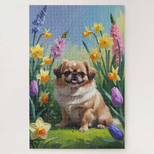 Pekingese Dog Spring Blumen Malerei Puzzle (Vertikal)